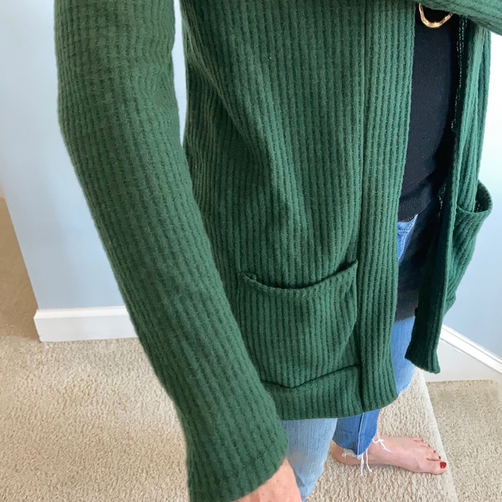 Green, Waffle Texture Long Sleeve Open Cardigan - Picture 7 of 8